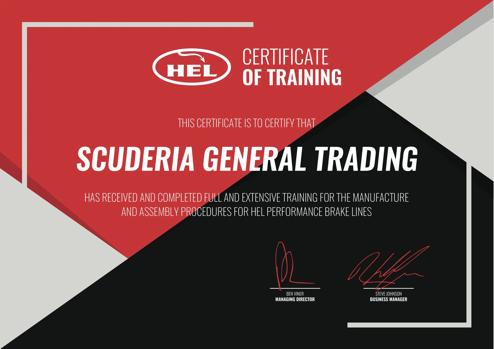 HEL Certificate of Training issued to Scuderia General Trading